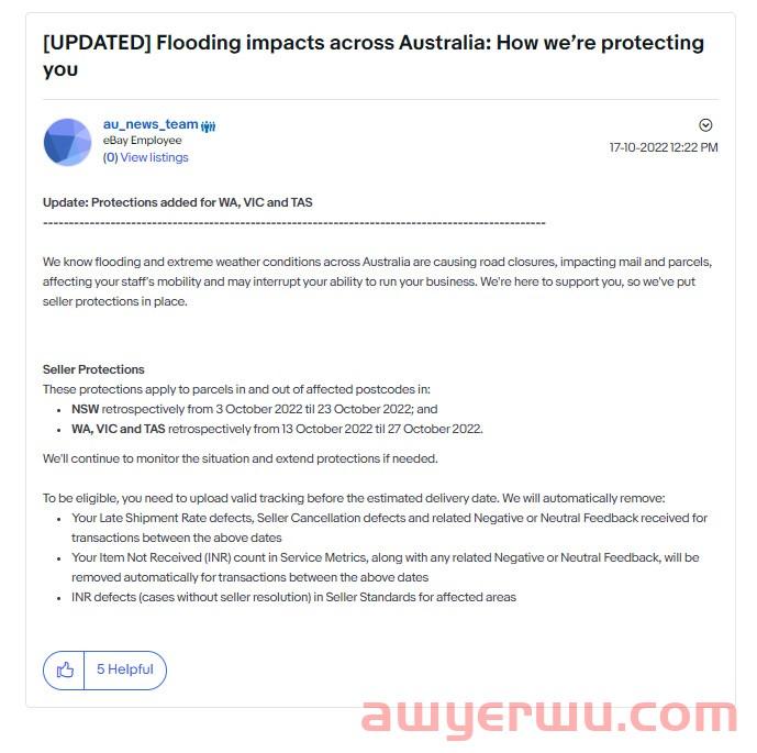 澳大利亚遭洪灾暴袭！eBay发布卖家保护措施！ 第1张