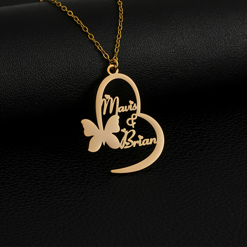 A Custom Stainless Steel Cutting Butterfly Heart Double Name Necklace